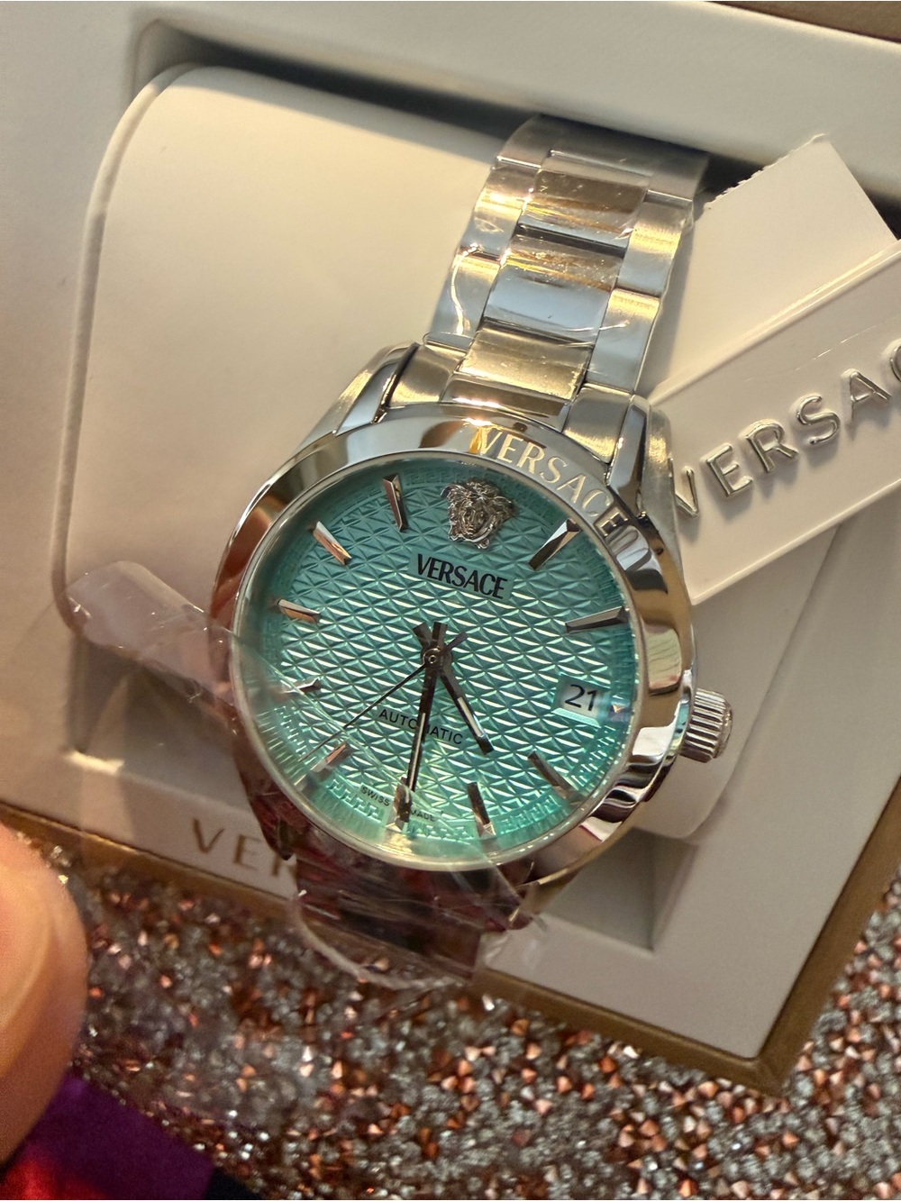 Versace Men's Silver Watch with Turquoise Dial - Picture 9 of 14